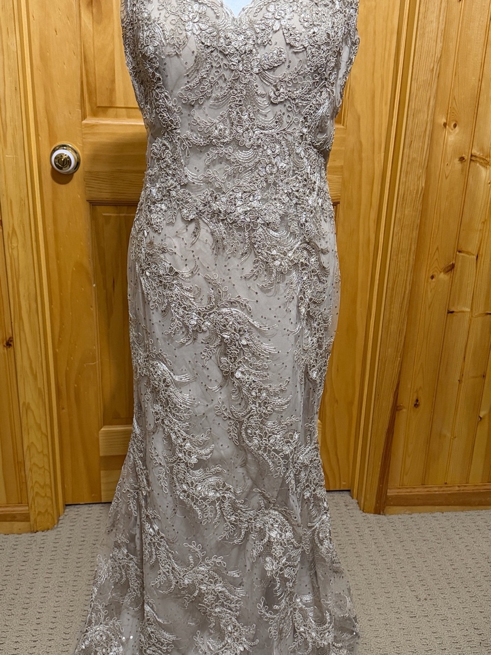Jade Couture Silver Gray Lace Sequin Maxi Dress Formal Evening Gown, Size 12.